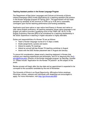 Teaching Assistant position in the Korean Language Program